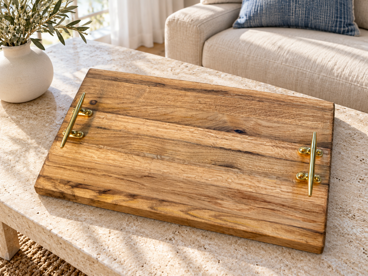 The Commodore Reserve | Reclaimed White Oak Wine Barrel Tray with Brass Boat Cleat Handles