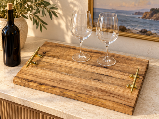 The Commodore Reserve | Reclaimed White Oak Wine Barrel Tray with Brass Boat Cleat Handles