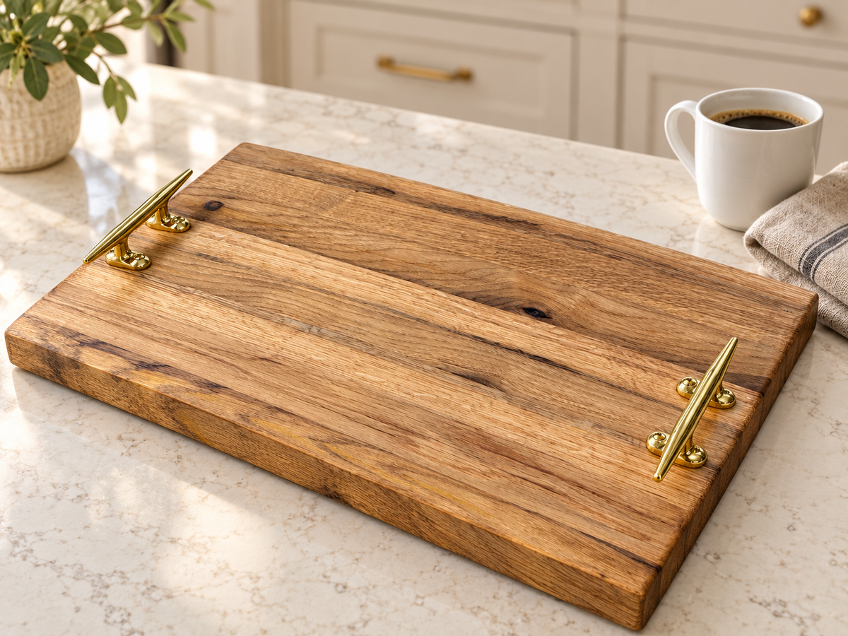 The Commodore Reserve | Reclaimed White Oak Wine Barrel Tray with Brass Boat Cleat Handles